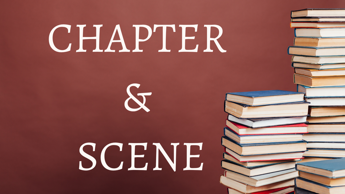 A burgundy background.  To the right are stacks of multicolored books.  Text says Chapter & Scene.