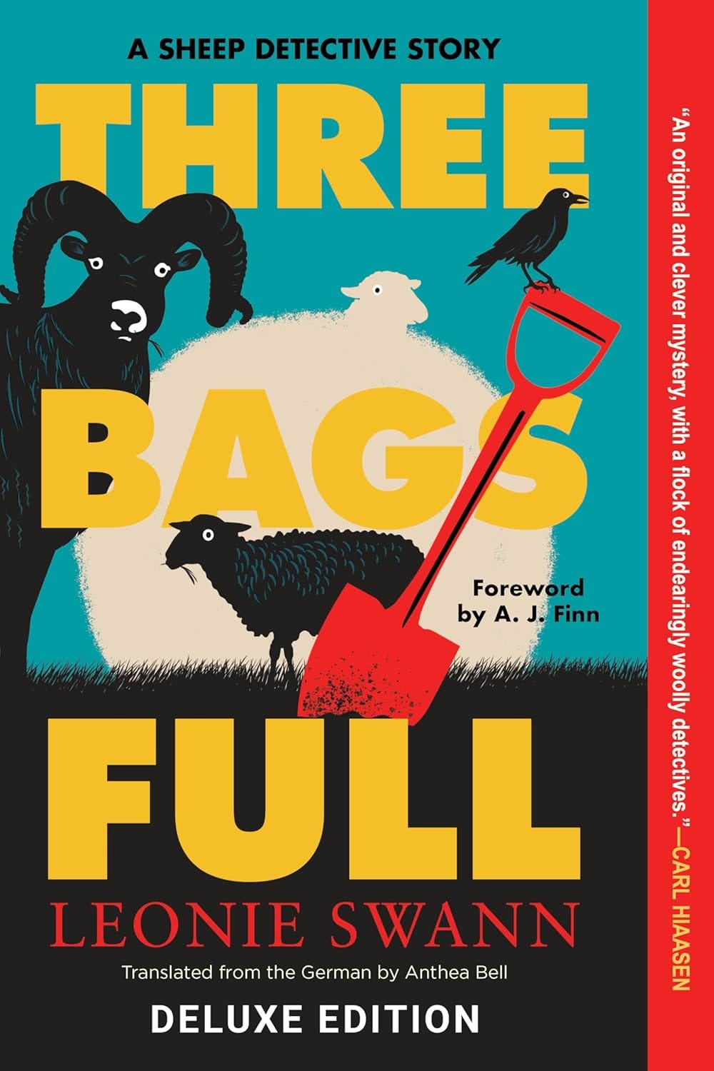 The book cover for Three Bags Full by Leonie Swann showing barn animals, a crow and a red shovel